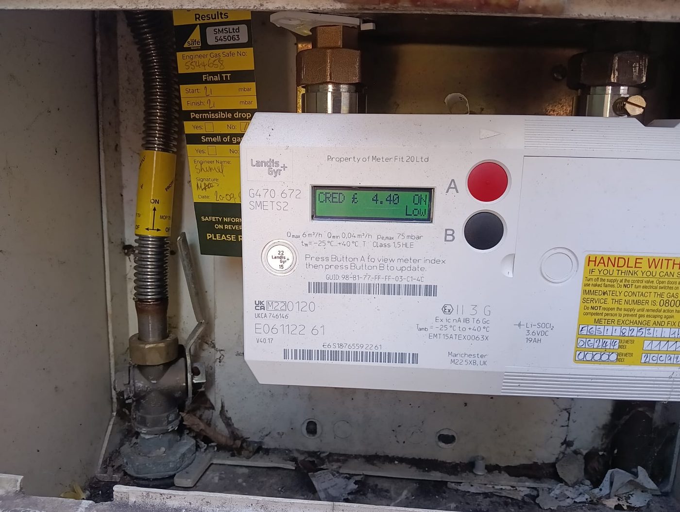 Gas tightness test at the meter during a CP12 landlord gas safety inspection in Elm Park, East London